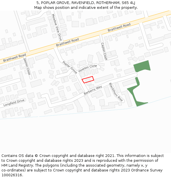 5, POPLAR GROVE, RAVENFIELD, ROTHERHAM, S65 4LJ: Location map and indicative extent of plot