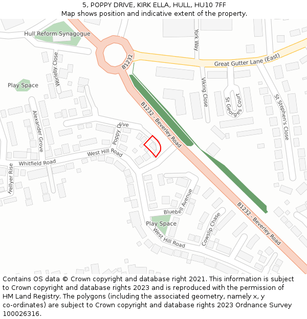 5, POPPY DRIVE, KIRK ELLA, HULL, HU10 7FF: Location map and indicative extent of plot