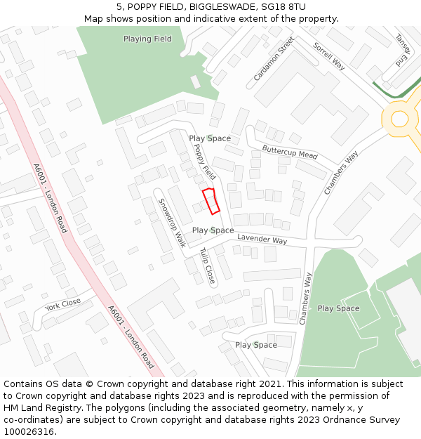 5, POPPY FIELD, BIGGLESWADE, SG18 8TU: Location map and indicative extent of plot