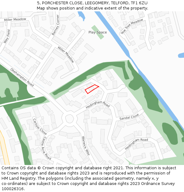 5, PORCHESTER CLOSE, LEEGOMERY, TELFORD, TF1 6ZU: Location map and indicative extent of plot