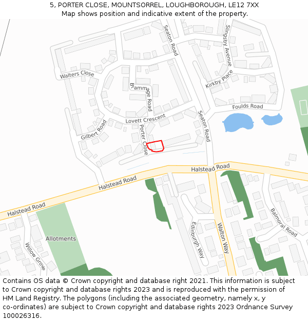 5, PORTER CLOSE, MOUNTSORREL, LOUGHBOROUGH, LE12 7XX: Location map and indicative extent of plot