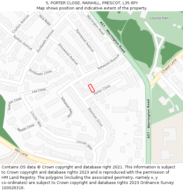 5, PORTER CLOSE, RAINHILL, PRESCOT, L35 6PY: Location map and indicative extent of plot