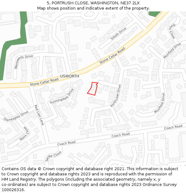 5, PORTRUSH CLOSE, WASHINGTON, NE37 2LX: Location map and indicative extent of plot