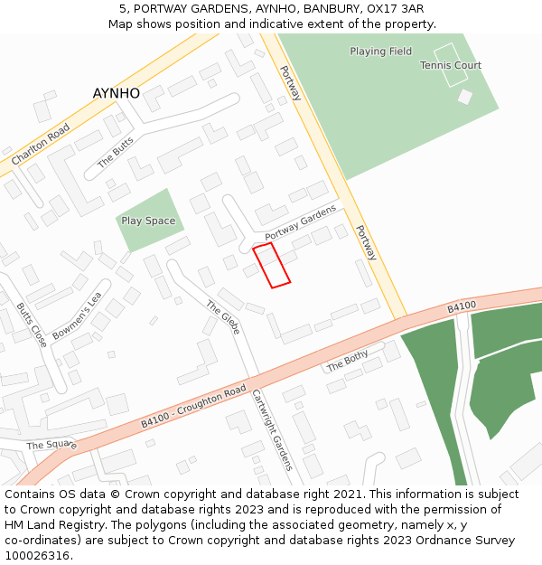 5, PORTWAY GARDENS, AYNHO, BANBURY, OX17 3AR: Location map and indicative extent of plot