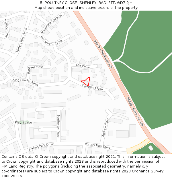 5, POULTNEY CLOSE, SHENLEY, RADLETT, WD7 9JH: Location map and indicative extent of plot