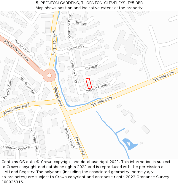 5, PRENTON GARDENS, THORNTON-CLEVELEYS, FY5 3RR: Location map and indicative extent of plot