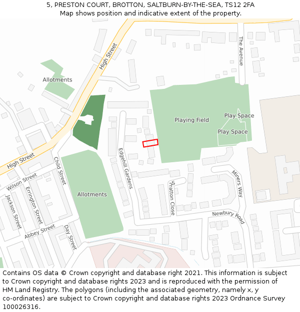 5, PRESTON COURT, BROTTON, SALTBURN-BY-THE-SEA, TS12 2FA: Location map and indicative extent of plot