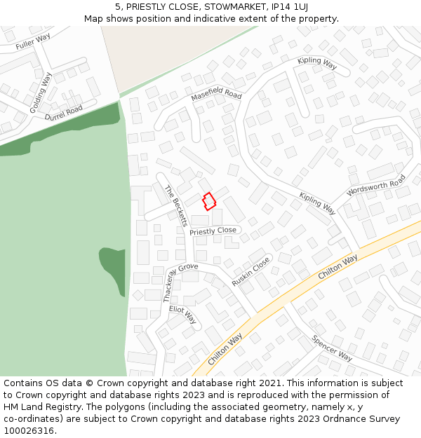 5, PRIESTLY CLOSE, STOWMARKET, IP14 1UJ: Location map and indicative extent of plot