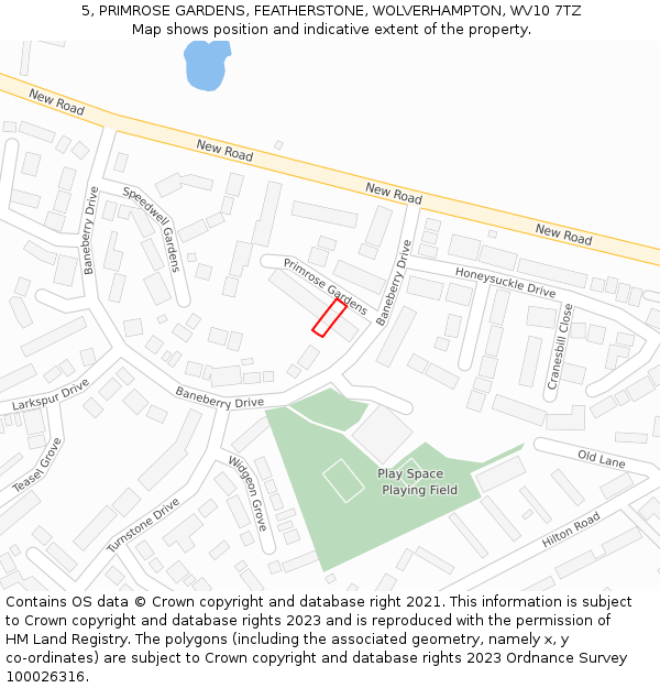 5, PRIMROSE GARDENS, FEATHERSTONE, WOLVERHAMPTON, WV10 7TZ: Location map and indicative extent of plot