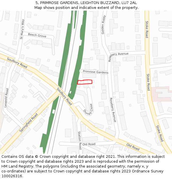5, PRIMROSE GARDENS, LEIGHTON BUZZARD, LU7 2AL: Location map and indicative extent of plot