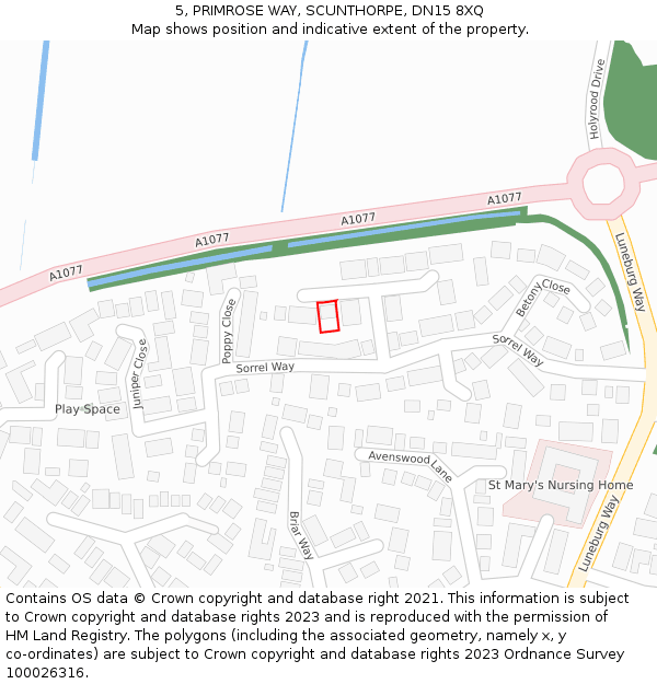 5, PRIMROSE WAY, SCUNTHORPE, DN15 8XQ: Location map and indicative extent of plot