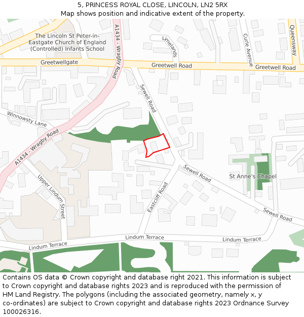 5, PRINCESS ROYAL CLOSE, LINCOLN, LN2 5RX: Location map and indicative extent of plot