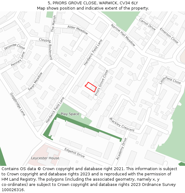 5, PRIORS GROVE CLOSE, WARWICK, CV34 6LY: Location map and indicative extent of plot
