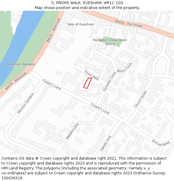 5, PRIORS WALK, EVESHAM, WR11 1GG: Location map and indicative extent of plot