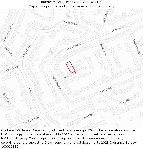 5, PRIORY CLOSE, BOGNOR REGIS, PO21 4HH: Location map and indicative extent of plot