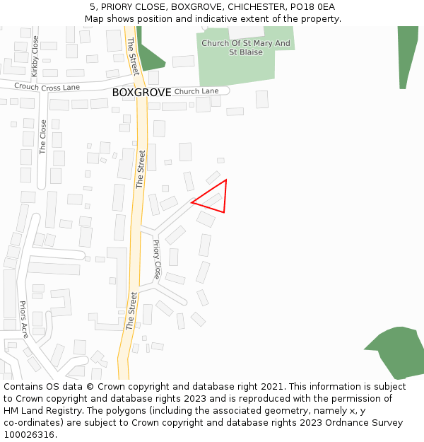 5, PRIORY CLOSE, BOXGROVE, CHICHESTER, PO18 0EA: Location map and indicative extent of plot