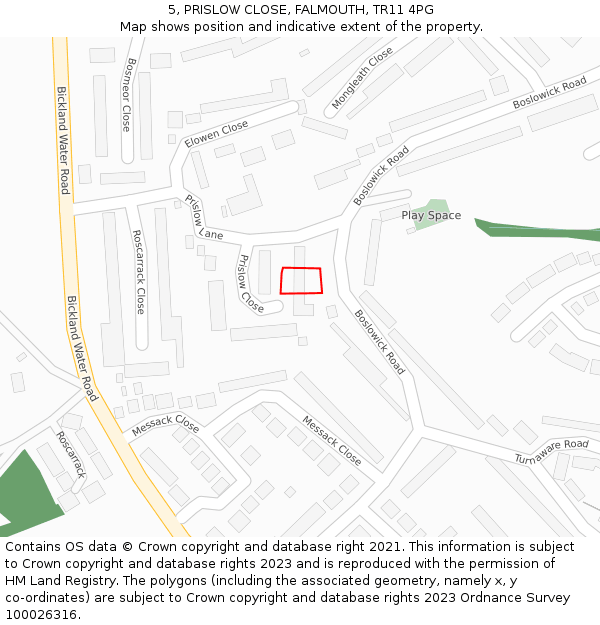 5, PRISLOW CLOSE, FALMOUTH, TR11 4PG: Location map and indicative extent of plot