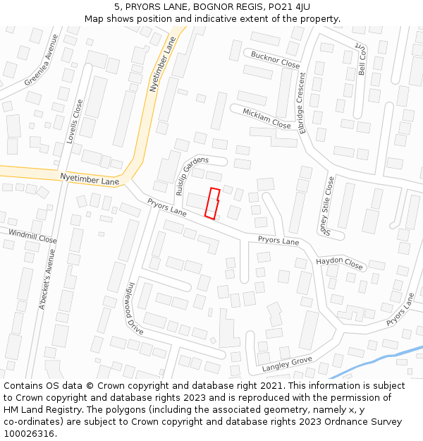 5, PRYORS LANE, BOGNOR REGIS, PO21 4JU: Location map and indicative extent of plot