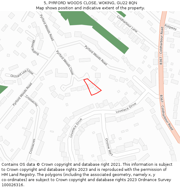 5, PYRFORD WOODS CLOSE, WOKING, GU22 8QN: Location map and indicative extent of plot