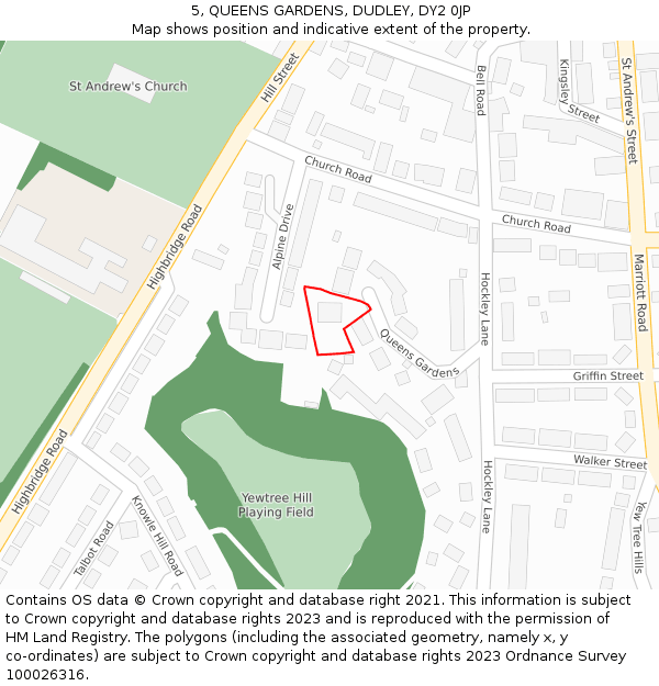 5, QUEENS GARDENS, DUDLEY, DY2 0JP: Location map and indicative extent of plot