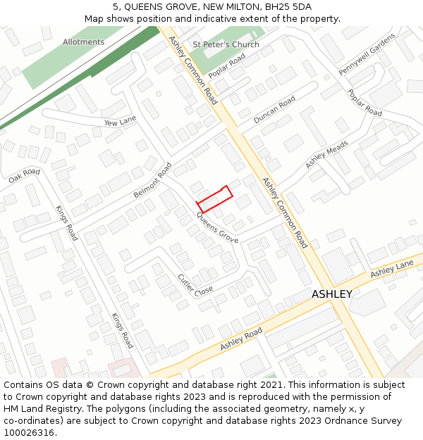 5, QUEENS GROVE, NEW MILTON, BH25 5DA: Location map and indicative extent of plot