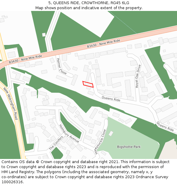 5, QUEENS RIDE, CROWTHORNE, RG45 6LG: Location map and indicative extent of plot