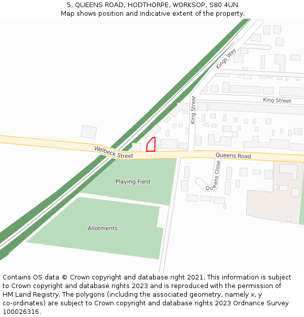 5, QUEENS ROAD, HODTHORPE, WORKSOP, S80 4UN: Location map and indicative extent of plot