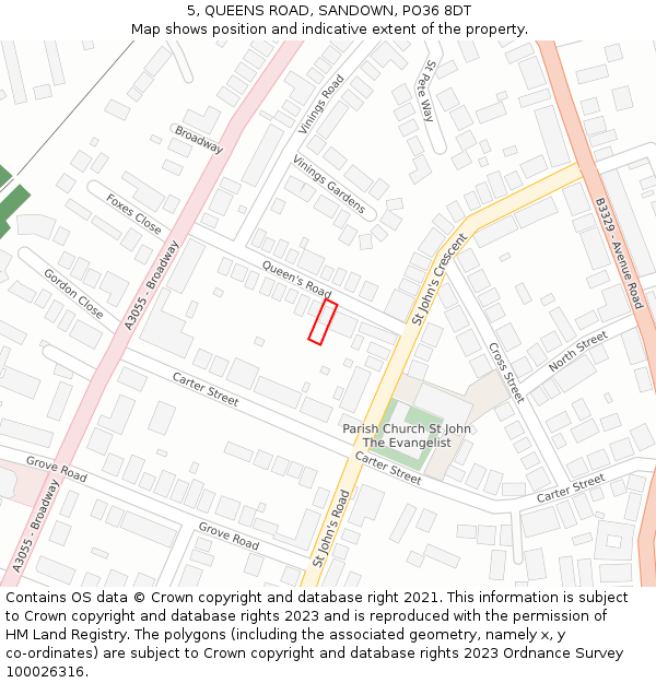 5, QUEENS ROAD, SANDOWN, PO36 8DT: Location map and indicative extent of plot