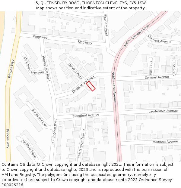 5, QUEENSBURY ROAD, THORNTON-CLEVELEYS, FY5 1SW: Location map and indicative extent of plot