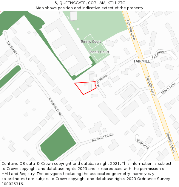 5, QUEENSGATE, COBHAM, KT11 2TG: Location map and indicative extent of plot