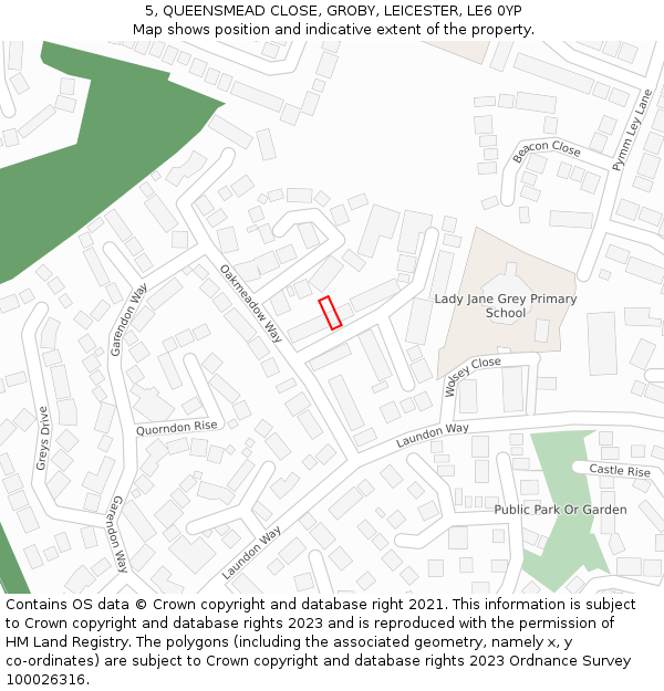 5, QUEENSMEAD CLOSE, GROBY, LEICESTER, LE6 0YP: Location map and indicative extent of plot