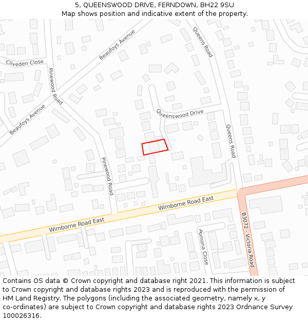 5, QUEENSWOOD DRIVE, FERNDOWN, BH22 9SU: Location map and indicative extent of plot