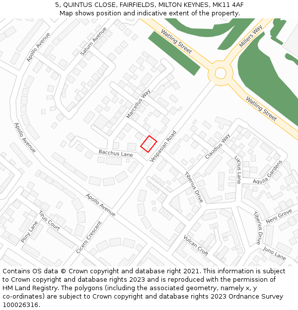 5, QUINTUS CLOSE, FAIRFIELDS, MILTON KEYNES, MK11 4AF: Location map and indicative extent of plot