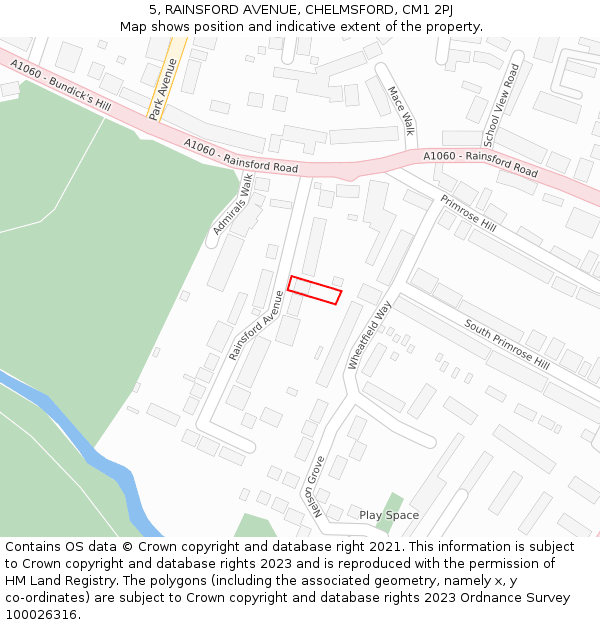 5, RAINSFORD AVENUE, CHELMSFORD, CM1 2PJ: Location map and indicative extent of plot