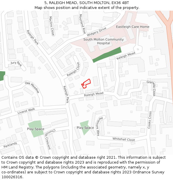 5, RALEIGH MEAD, SOUTH MOLTON, EX36 4BT: Location map and indicative extent of plot
