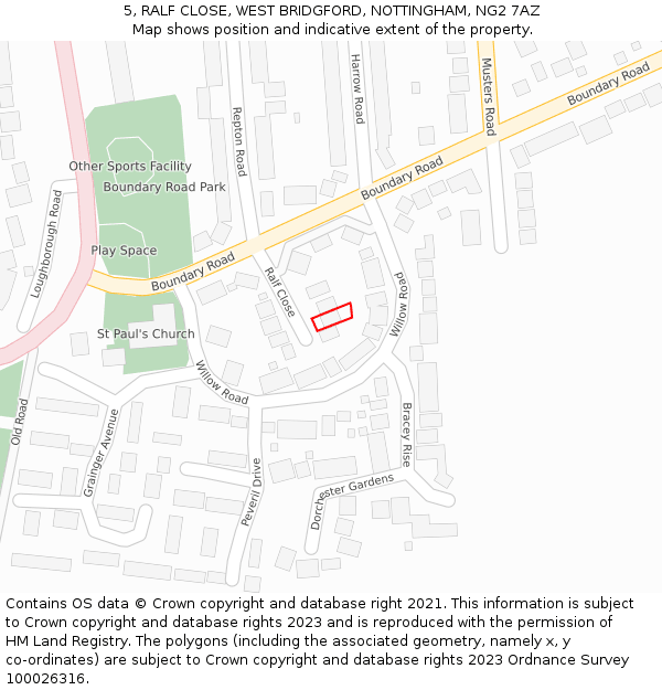 5, RALF CLOSE, WEST BRIDGFORD, NOTTINGHAM, NG2 7AZ: Location map and indicative extent of plot