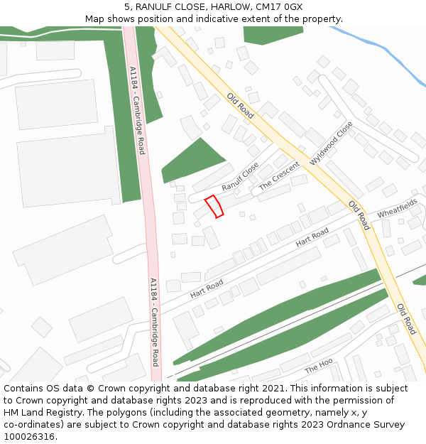 5, RANULF CLOSE, HARLOW, CM17 0GX: Location map and indicative extent of plot