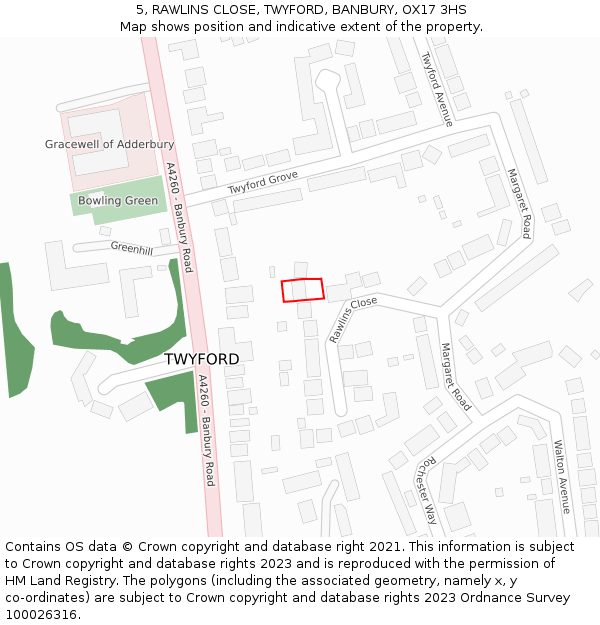 5, RAWLINS CLOSE, TWYFORD, BANBURY, OX17 3HS: Location map and indicative extent of plot