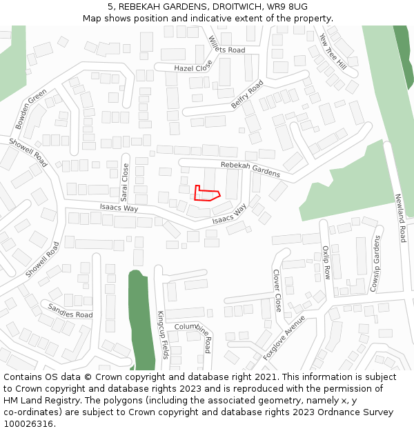 5, REBEKAH GARDENS, DROITWICH, WR9 8UG: Location map and indicative extent of plot