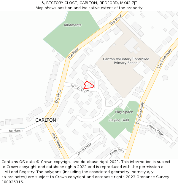 5, RECTORY CLOSE, CARLTON, BEDFORD, MK43 7JT: Location map and indicative extent of plot