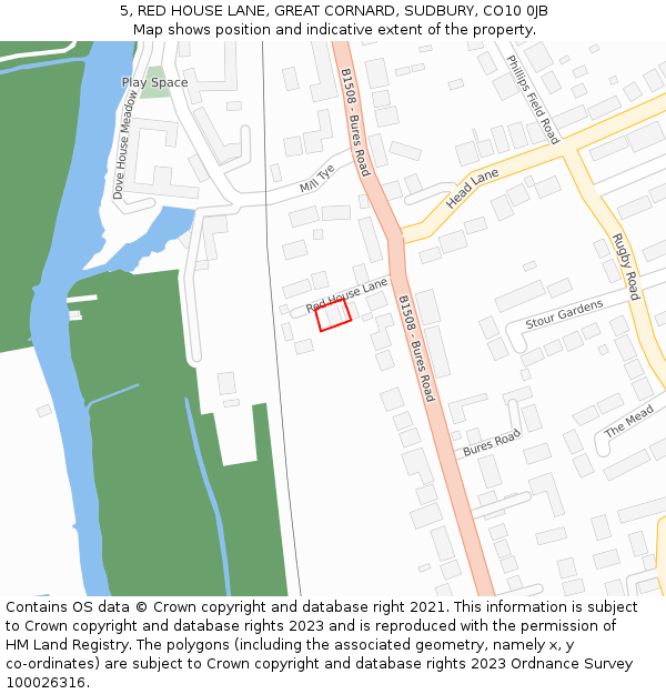 5, RED HOUSE LANE, GREAT CORNARD, SUDBURY, CO10 0JB: Location map and indicative extent of plot