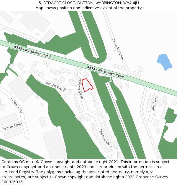 5, REDACRE CLOSE, DUTTON, WARRINGTON, WA4 4JU: Location map and indicative extent of plot