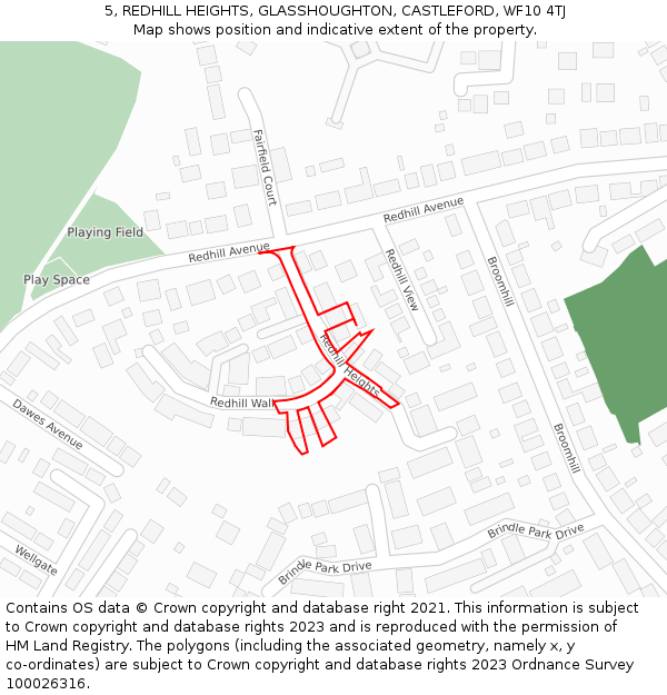 5, REDHILL HEIGHTS, GLASSHOUGHTON, CASTLEFORD, WF10 4TJ: Location map and indicative extent of plot