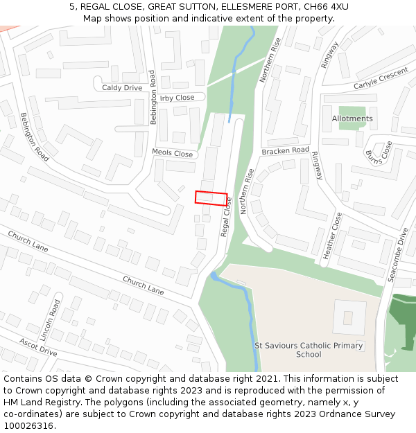 5, REGAL CLOSE, GREAT SUTTON, ELLESMERE PORT, CH66 4XU: Location map and indicative extent of plot