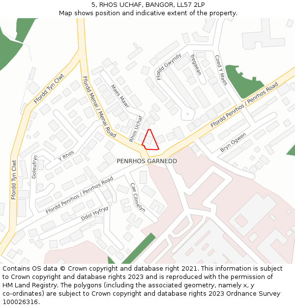 5, RHOS UCHAF, BANGOR, LL57 2LP: Location map and indicative extent of plot