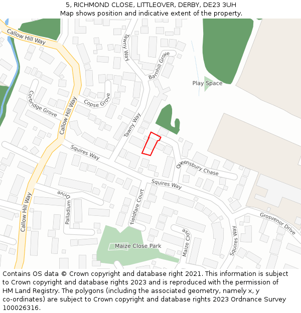 5, RICHMOND CLOSE, LITTLEOVER, DERBY, DE23 3UH: Location map and indicative extent of plot