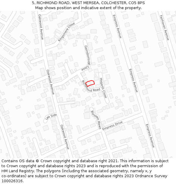 5, RICHMOND ROAD, WEST MERSEA, COLCHESTER, CO5 8PS: Location map and indicative extent of plot
