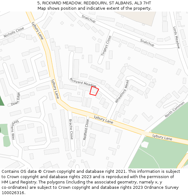 5, RICKYARD MEADOW, REDBOURN, ST ALBANS, AL3 7HT: Location map and indicative extent of plot