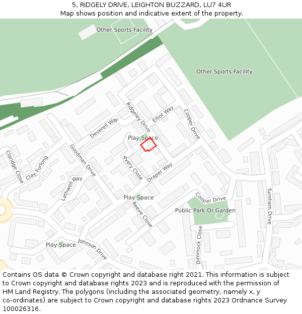 5, RIDGELY DRIVE, LEIGHTON BUZZARD, LU7 4UR: Location map and indicative extent of plot