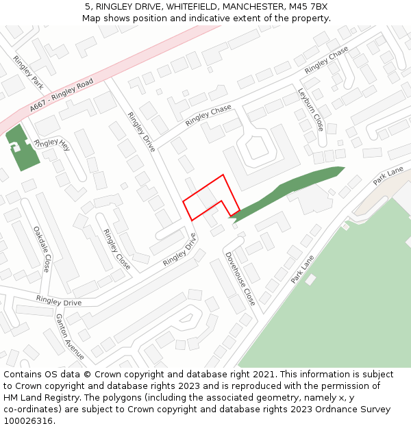 5, RINGLEY DRIVE, WHITEFIELD, MANCHESTER, M45 7BX: Location map and indicative extent of plot